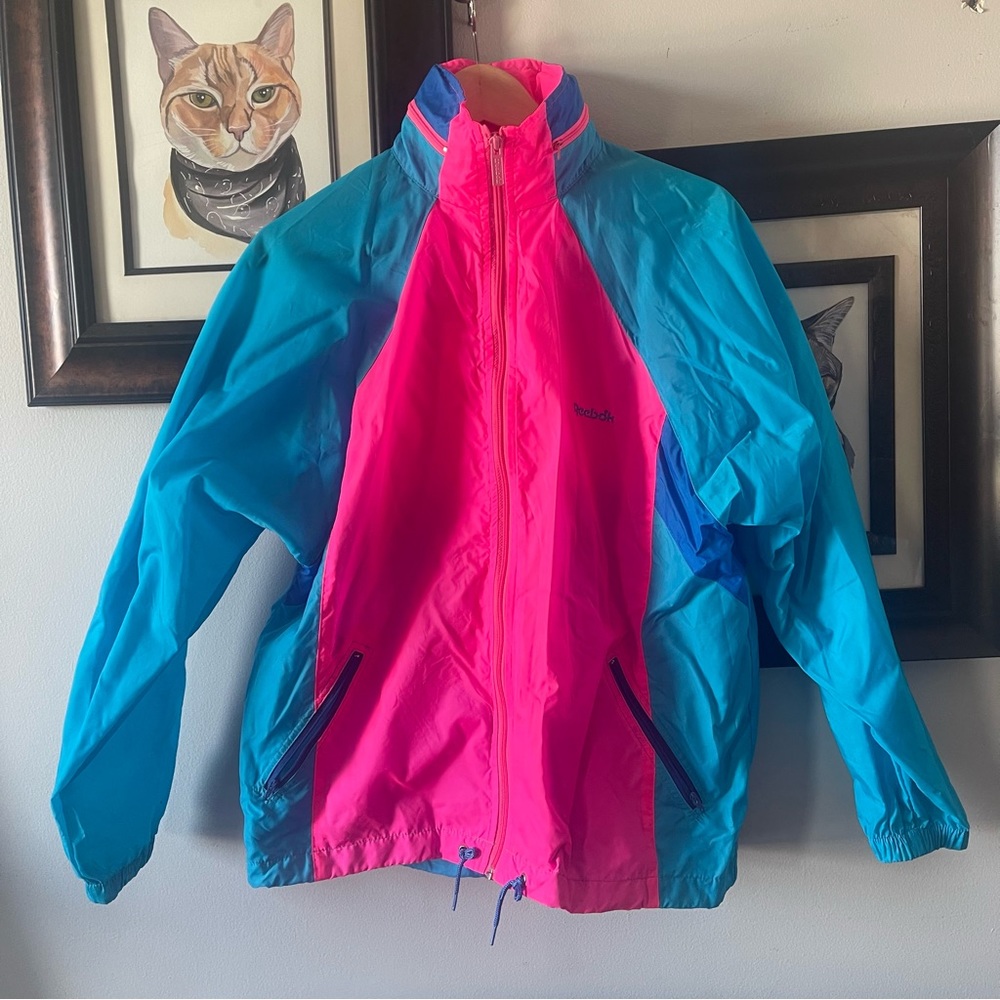 Vintage 90s Reebok neon pink blue windbreaker with hood medium never worn!